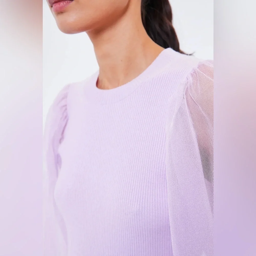 Tuckernuck Betsy Lilac Puff Sleeve Knit Blouse Sheer Sleeve Size S NWT